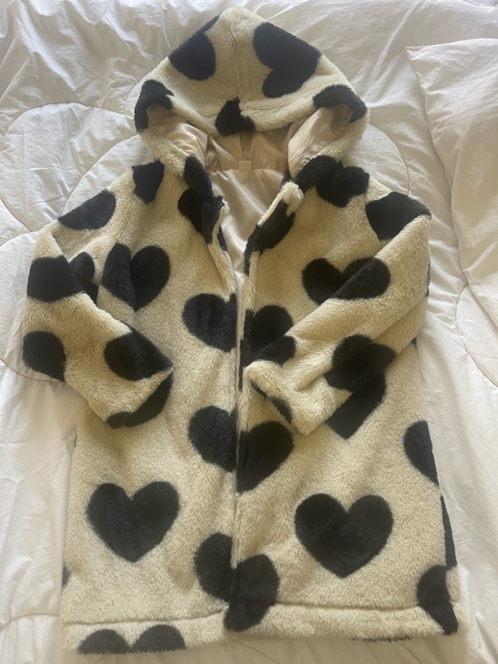 Kids Cream Hoodie Coat with Black Heart Print